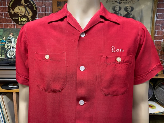 50's Fabians Red Short Sleeve Bowling Chain Stitching Shirt Size