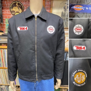 Vtg 90&#39;s Dickies black jacket with BSA Motorcycles patches mechanic garage gas station work size medium.
