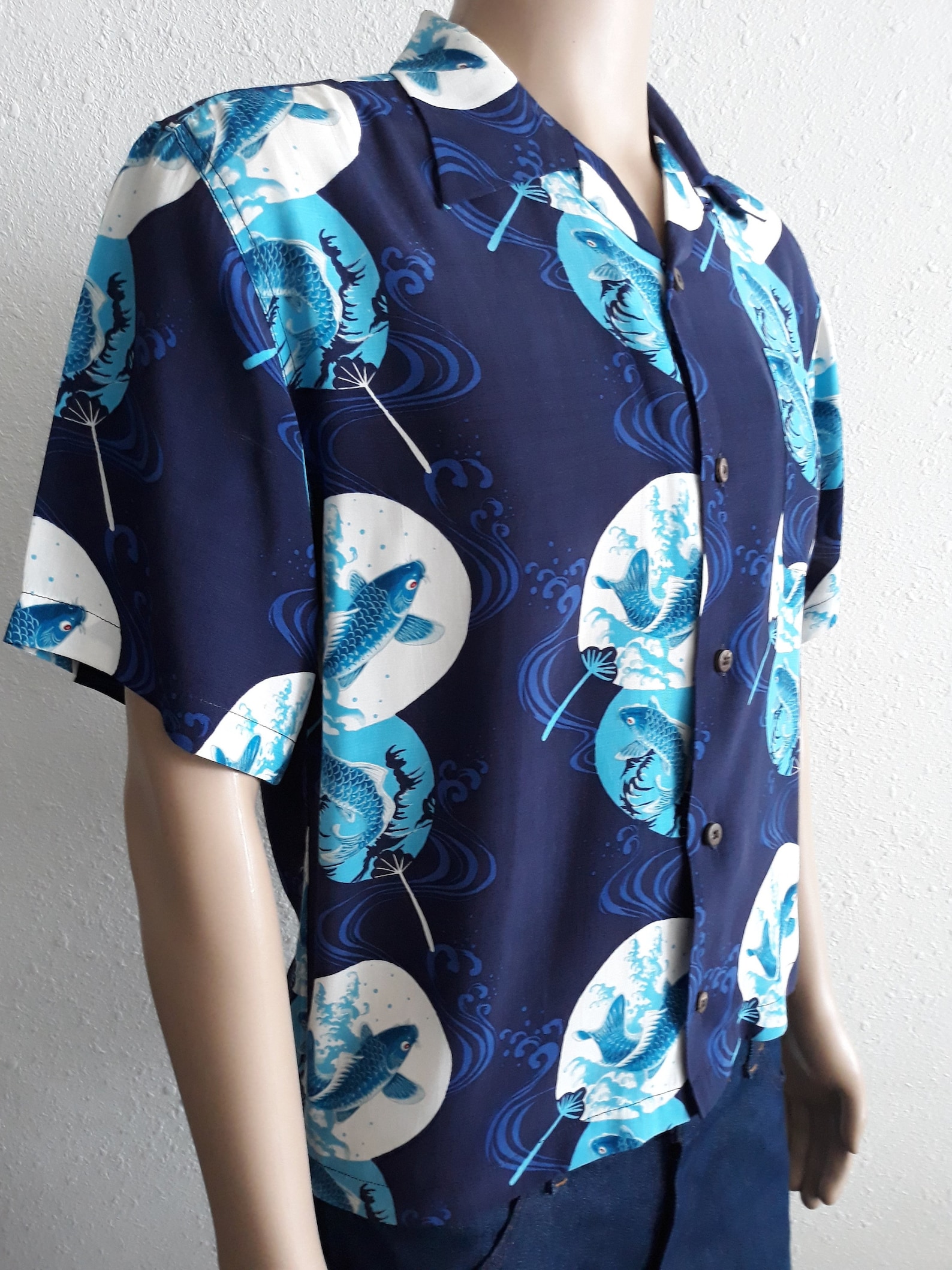 Hawaiian Men's Blue Shirt Japanese Koi Fish Print by Bicol - Etsy