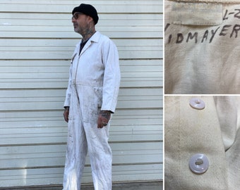 80's Worklon white work coveralls outfit long sleeve utility garage mechanic farm factory size medium made in U.S.A.