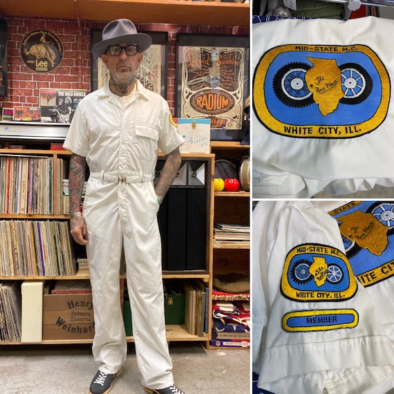 80's Mid-state Motorcycle Club White Coveralls Outfit Short Sleeve
