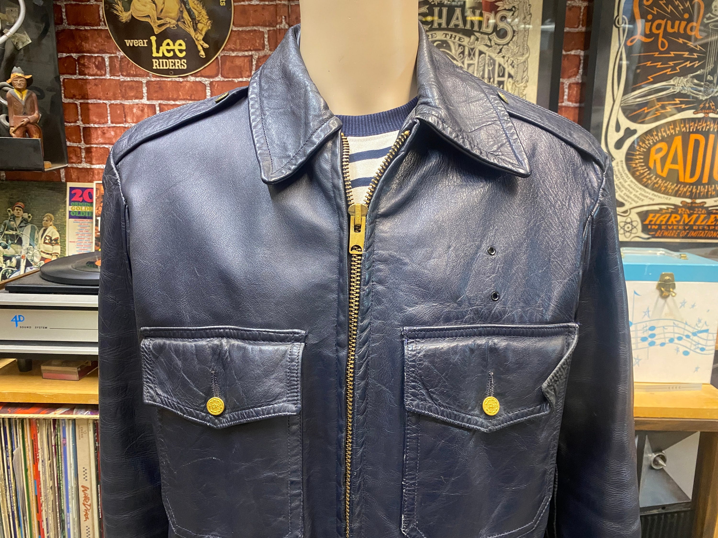Police Highway Patrol Motorcycle Biker Blue 3/4 Leather Jacket 