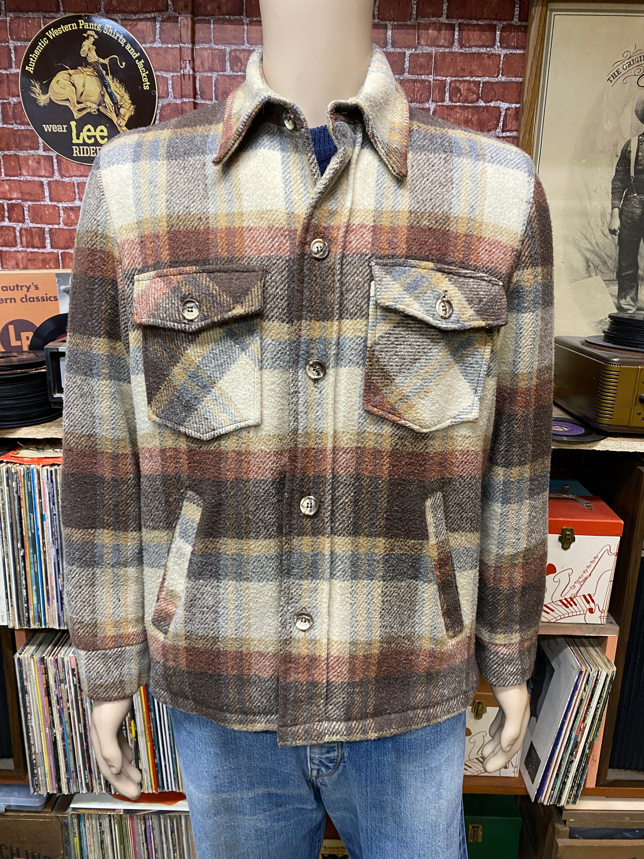70's Sears Outerwear Wool Plaid Sherpa Lined Sport Jacket Size