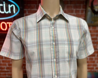 Par Four Sportswear plaid button down dress shirt short sleeve size large.