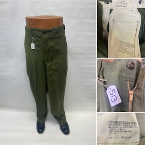 NOS M-51 Korean war US Army men&#39;s field wool olive green pants size medium long waist 31&quot; to 35&quot;.