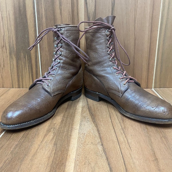 Justin packer ranch work boots laces up round toe deer leather style #550 size 9D made in U.S.A.