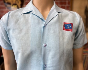 80's Ocean Pacific surf Hawaiian blue shirt size L youth fits like a x-small.