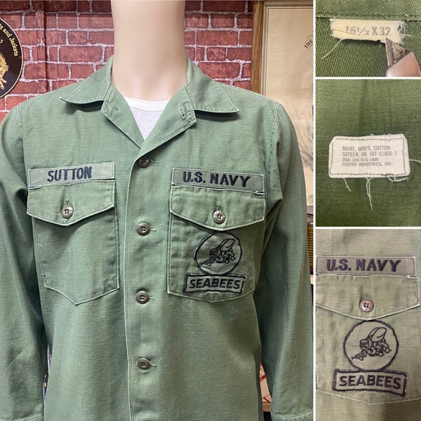 U.S. Navy Seabees field utility cotton sateen OG-107 long sleeve shirt size 16 1/2 x 32.