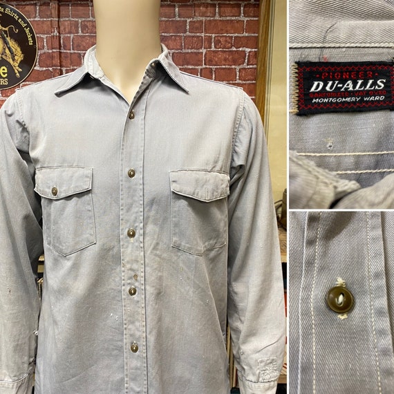 50's Pioneer Du-Alls Montgomery Ward gray long sleeve work shirt size medium made in U.S.A.