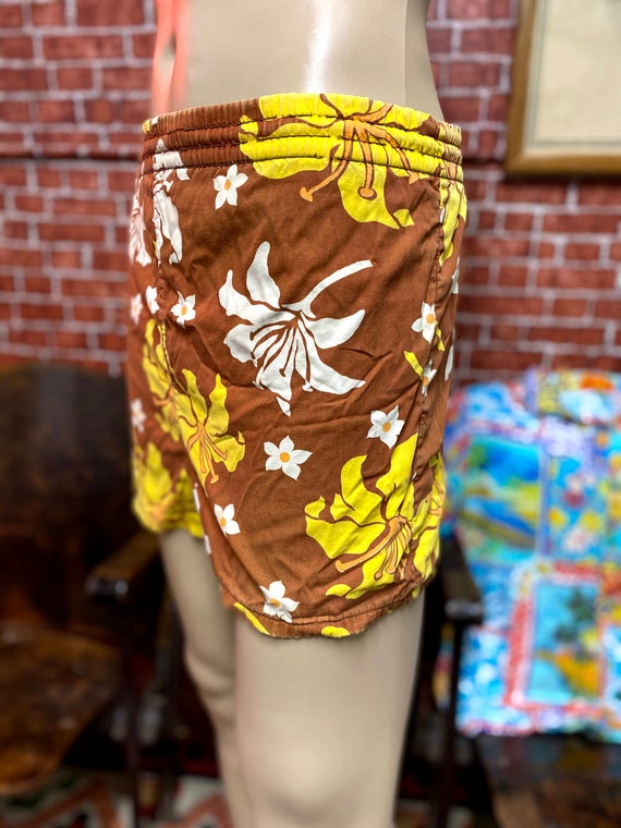 70's swim shorts cotton trunks floral print plaid… - image 4