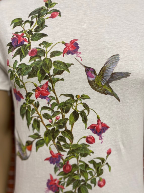 80's Hummingbird and flowers screen printed soft … - image 4