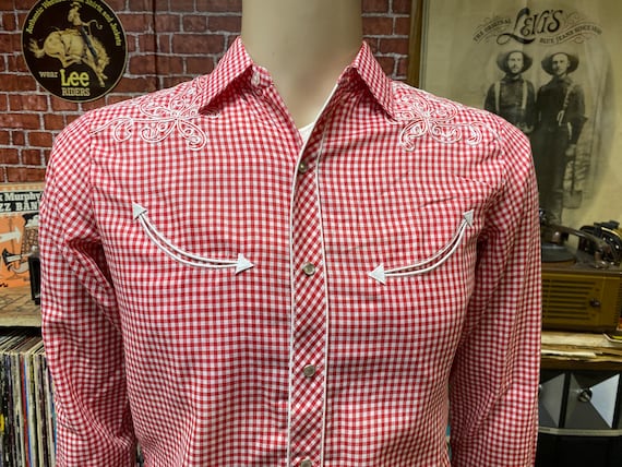 Madman western embroidered fitted shirt red plaid… - image 1