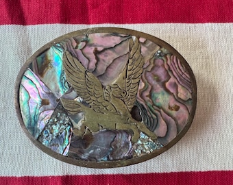 Vtg Mexican alpaca Flying Pegasus abalone shell brass belt buckle.