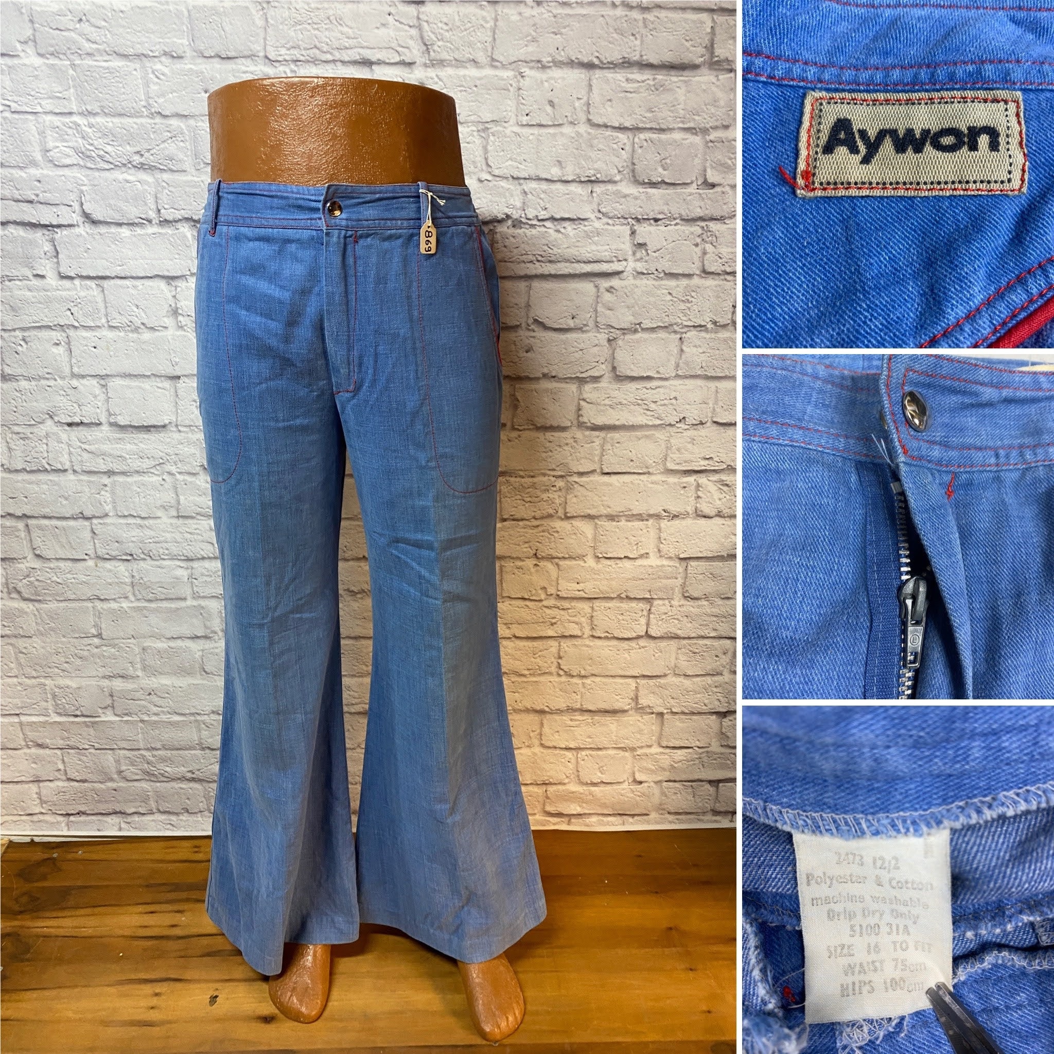 Mens Flared Jeans Vintage 70s Bell Bottom Denim Pants Slim Bootcut