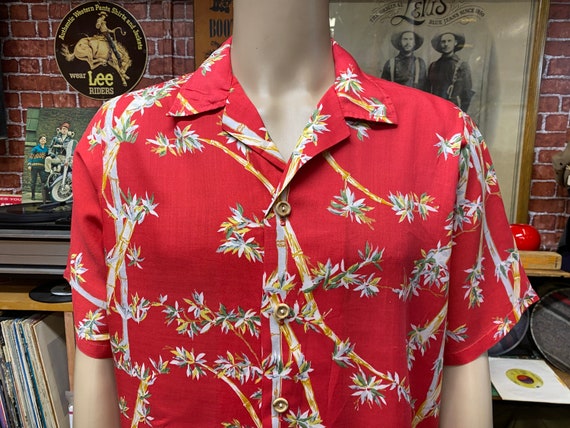 Hawaiian men's shirt red floral print 100% cotton… - image 1