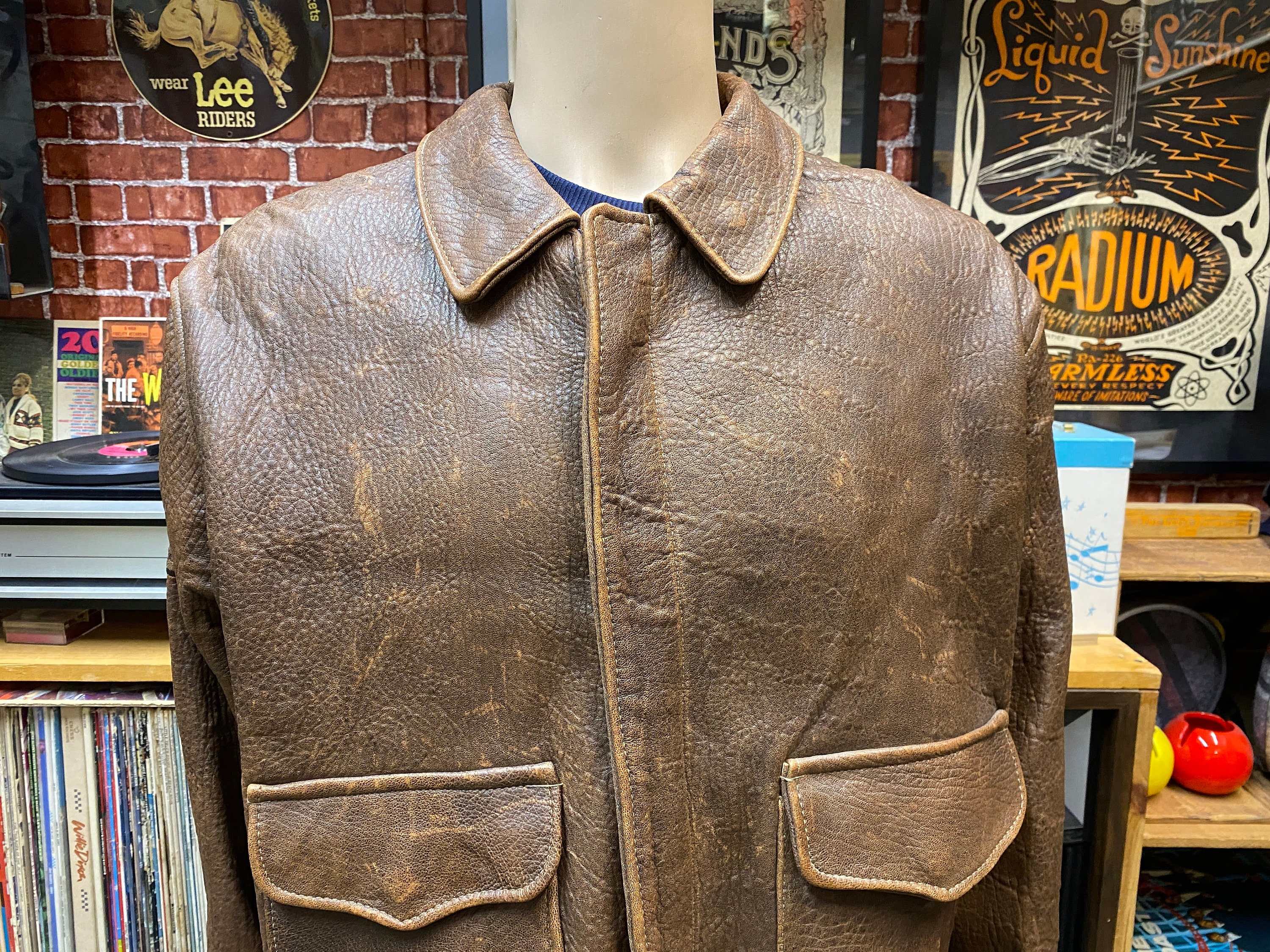90's Orchard M/C Flight Pilot Brown Leather Jacket Size XL Made in