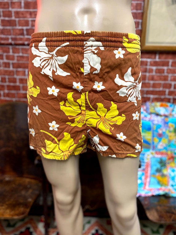 70's swim shorts cotton trunks floral print plaid… - image 1