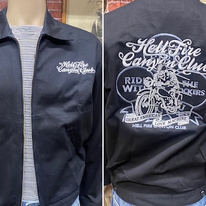 Rockabilly Hot rodder embroidered mechanic garage gas station black jacket size small.