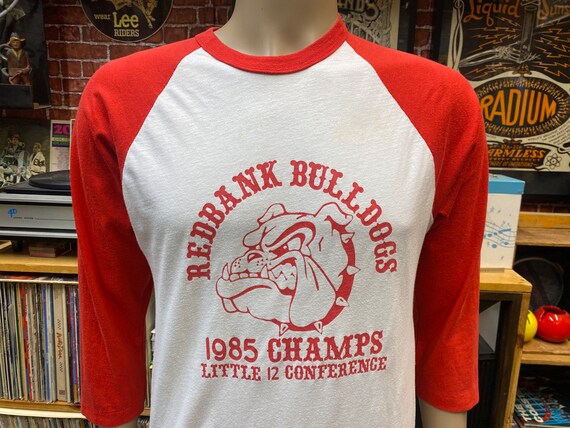 80's Redbank Bulldogs 1985 Champs Confederate red and white baseball style t-shirt size medium.