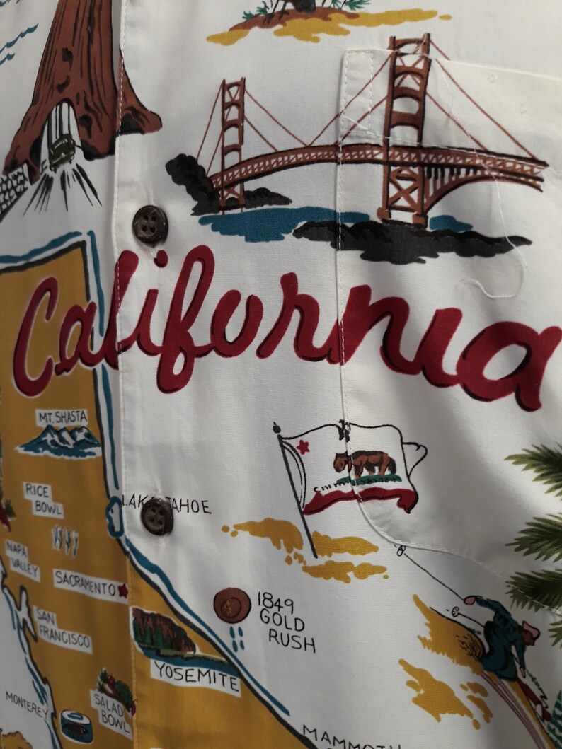 made in Usa. Vintage men/'s hawaiian rayon shirt Reyn Spooner California map souvenir print size xlarge