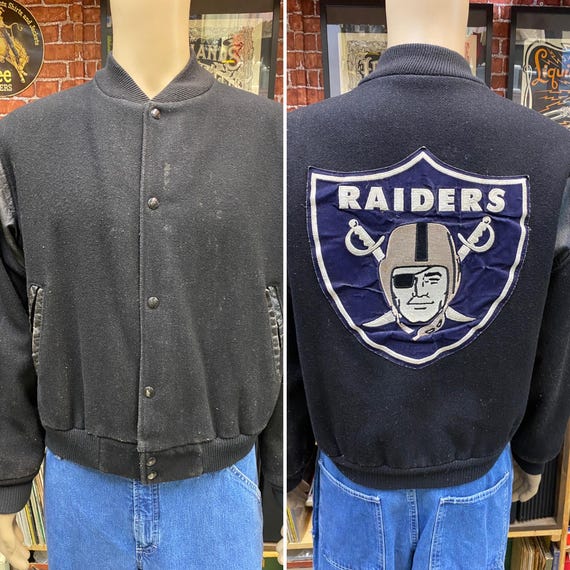 ウォームアップウェア 80's-90's USA RAIDERS STADIUM JACKET 80's Oakland Raiders Black Wool Varsity Jacket Size Large Chalk