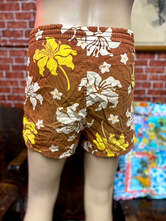70's swim shorts cotton trunks floral print plaid… - image 3