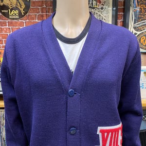 70&#39;s Letterman blue cardigan sweater 100% wool size 46 made in U.S.A.