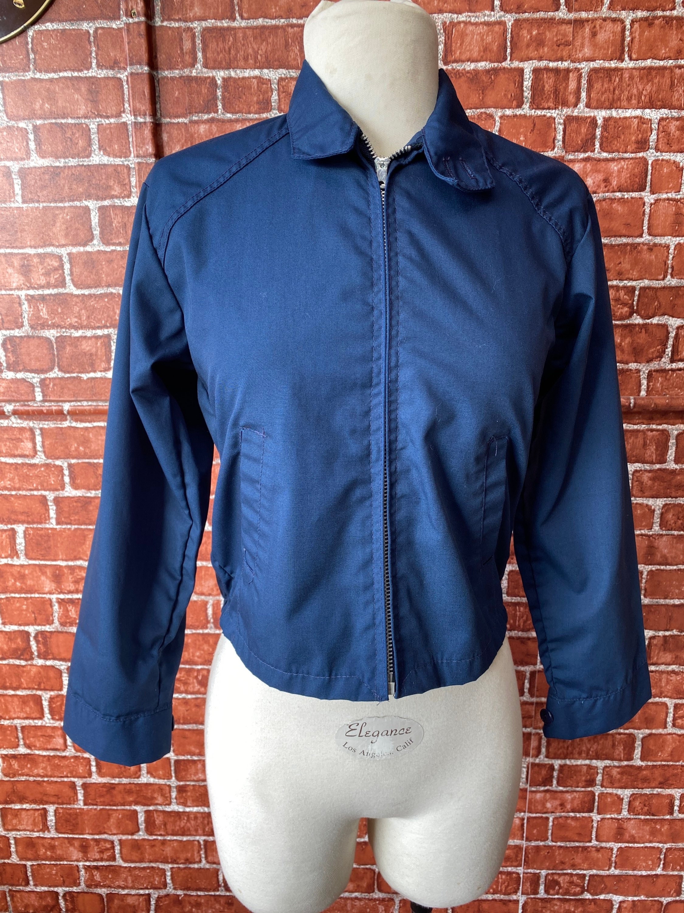 Deadstock 80's boys Harrington style sport jacket navy blue color size 12 young, made in U.S.A.