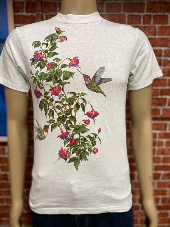 80's Hummingbird and flowers screen printed soft … - image 3