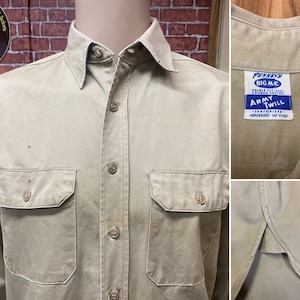 50&#39;s Penney&#39;s Big Mac Army Twill khaki long sleeve work shirt size small made in U.S.A.