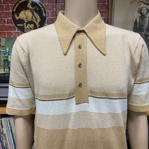 70&#39;s Puritan beige fashioned knit polo shirt 100% polyester size large.