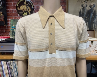 70's Puritan beige fashioned knit polo shirt 100% polyester size large.