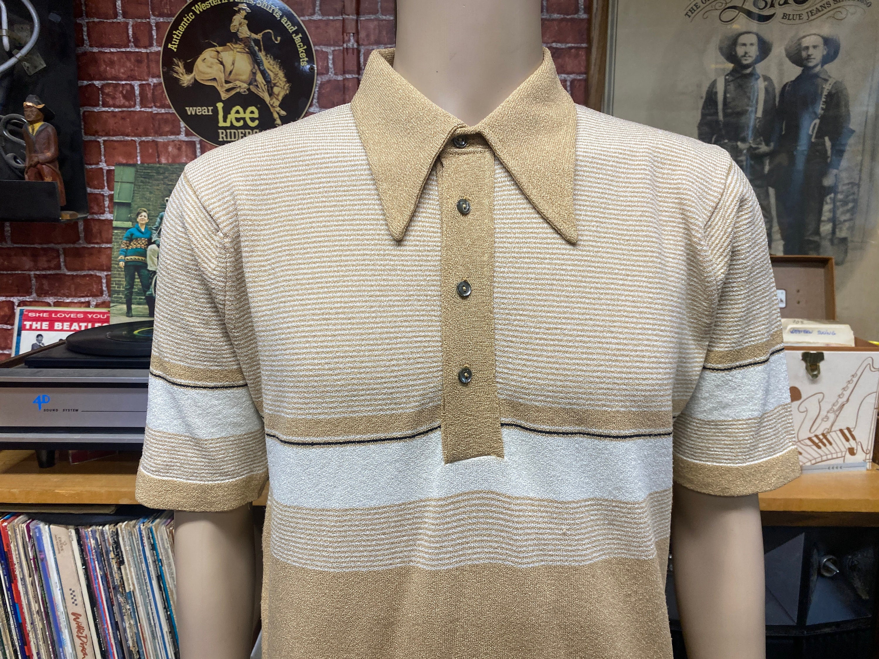 70's Puritan Beige Fashioned Knit Polo Shirt 100% Polyester Size