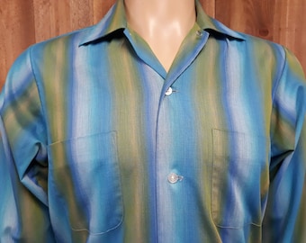 Vintage 70s Striped Shirt, Blue & Green Ombre, Mens Size Medium