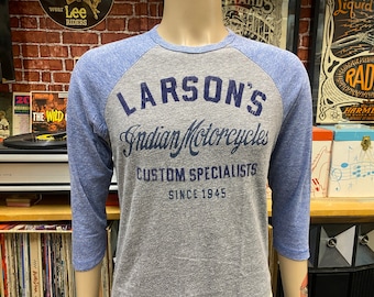 Larson's Indian Motorcycles unisex retro style 3/4 sleeve fitted t-shirt size small.