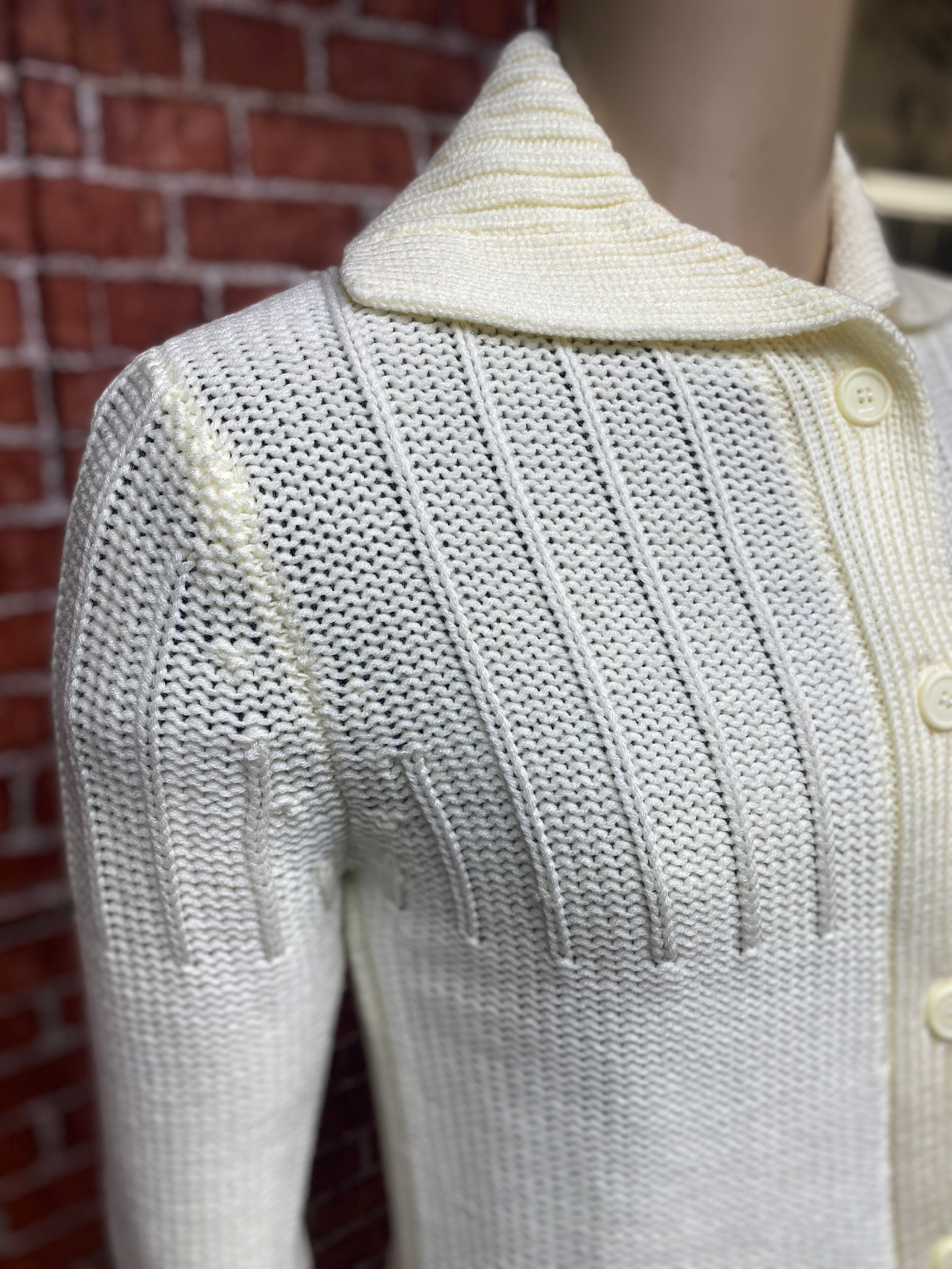 70's〜 Sears Acryl Knit Cardigan VINTAGE 70s Sears Sweater Womens Ivory Acrylic Knit Wood