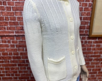 70's〜 Sears Acryl Knit Cardigan VINTAGE 70s Sears Sweater Womens Ivory Acrylic Knit Wood