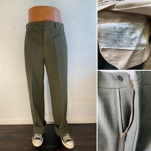 1954 olive green wool men&#39;s tailored slacks pants size 33x33 made in U.S.A.