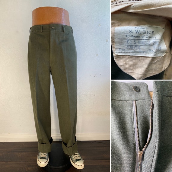 1954 Olive Green Wool Men's Tailored Slacks Pants Size 33x33 Made