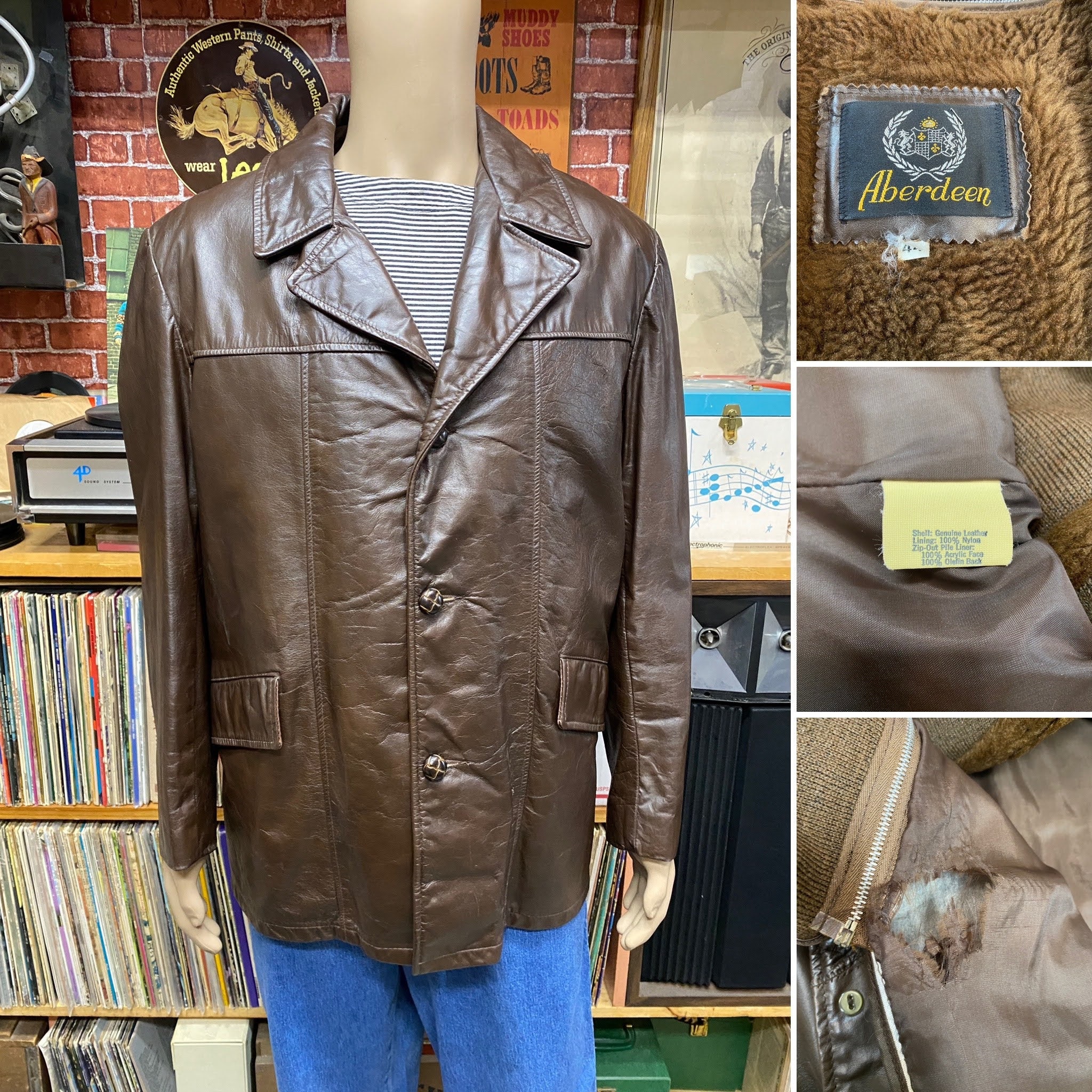 70s インド製 Aberdeen ロングレザーコート 70's Aberdeen Brown Leather Sport Jacket Lining Removable Size 44