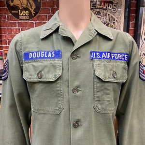 60&#39;s U.S. Air Force field utility cotton sateen OG-107 Type I long sleeve shirt size 14 1/2x32.