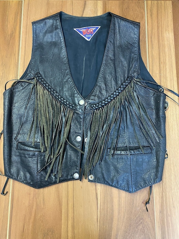 80's MOB black leather women's fringe vest biker c