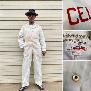 Deadstock 70&#39;s Atlas Uniforms Chicago Illinois white outfit coverall utility garage mechanic farm factory size 40 made in U.S.A.