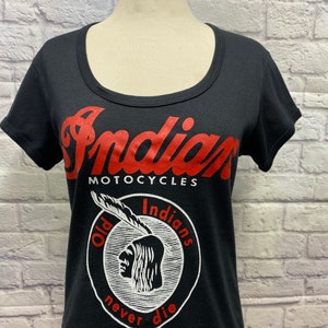 90&#39;s Indian Motorcycles Phoenix Restoration Co. Oxnard souvenir fitted women&#39;s t-shirt size L.