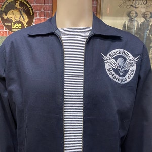 Black Hills M.C. South Dakota embroidered mechanic garage gas station work black jacket size S.