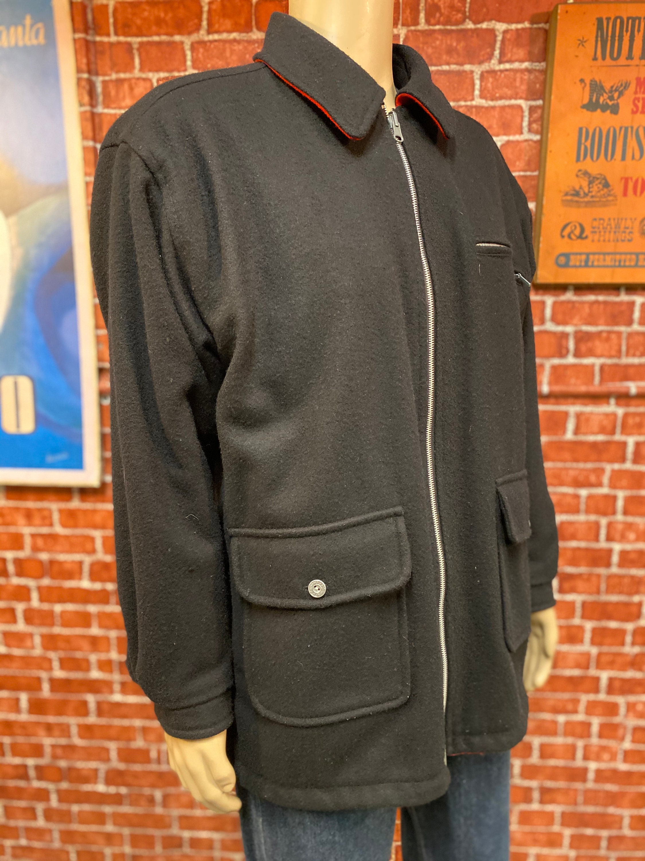 Marlboro Men's Red and Black Reversible Wool Coat Jacket Size