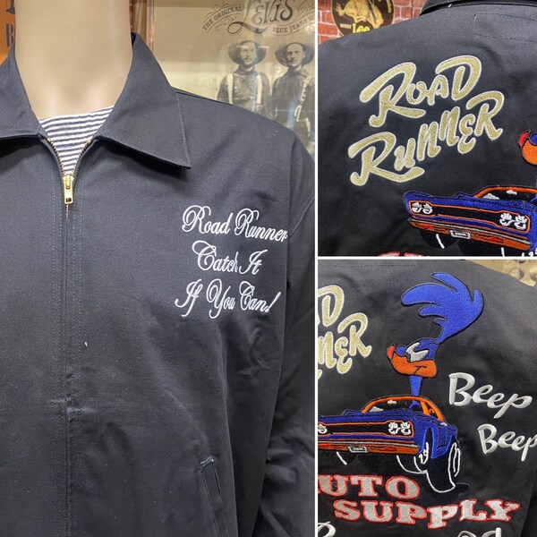 Road Runner Beep Beep Muscle car fan embroidered mechanic garage gas station black jacket size Large.