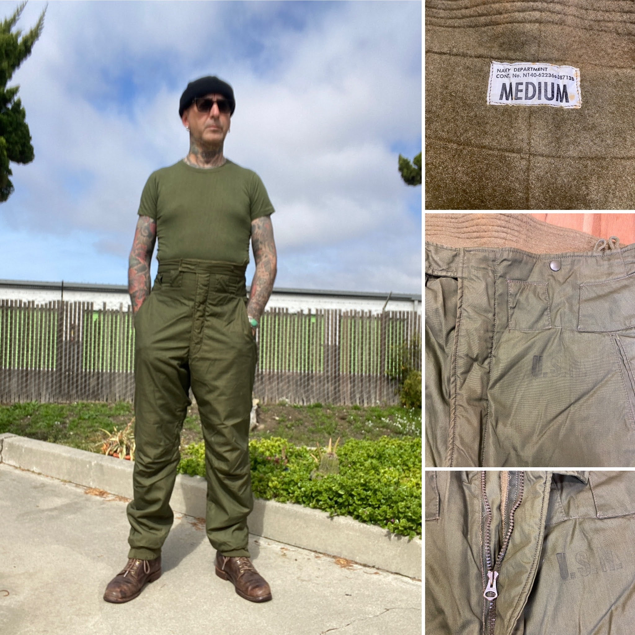 USN WWII N140 Deck Pants Cold Weather Alpaca Wool Lined Olive USN WWII N140 Deck Pants Cold Weather Alpaca Wool Lined Olive