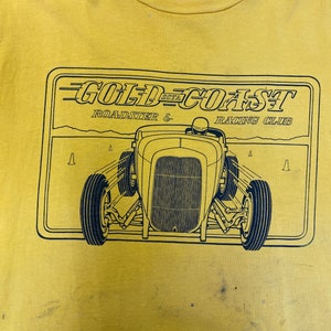 90&#39;s Gold Coast Roadster and Racing club S.C.T.A. yellow t-shirt size XL made in U.S.A..