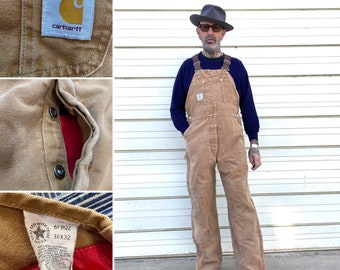 Vtg Carthartt brown duck canvas thermal lining work overalls carpenter worker farmer size 38x30 made in U.S.A.